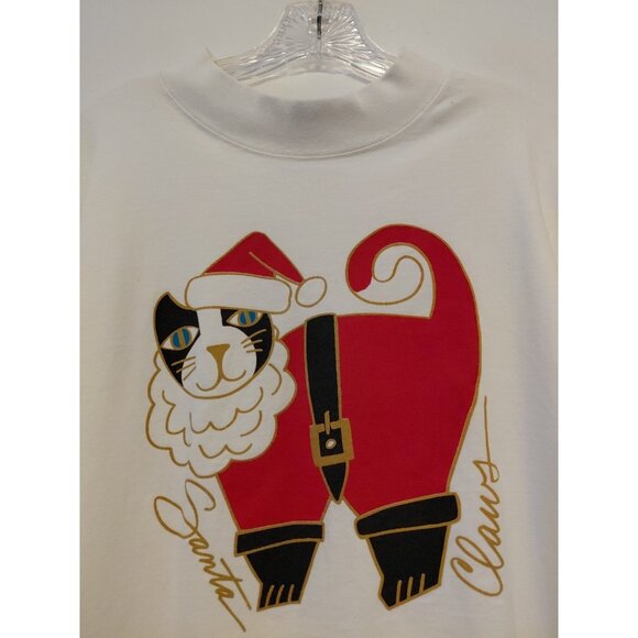 Vintage Santa Claws Cat T-Shirt Christmas Mock Neck Long Sleeves XL White Red - Picture 2 of 6